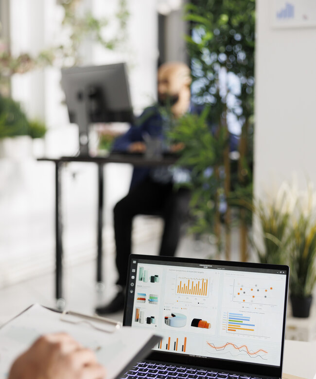 E-Commerce Manager wertet Kennzahlen im Online-Handel aus E-Commerce Manager analysiert Verkaufszahlen, Produktdaten und Performance-Kennzahlen eines Online-Shops am Laptop